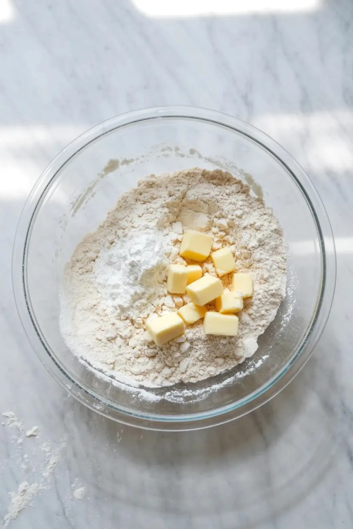 Ingredients for mini coconut cream pies in a glass bowl and measuring cups, including flour, butter, sugar, and coconut filling components on a white marble surface.