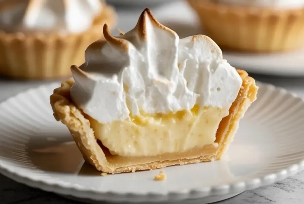 Close view of a mini coconut cream pie with toasted meringue and creamy coconut filling in a golden crust on a white plate.