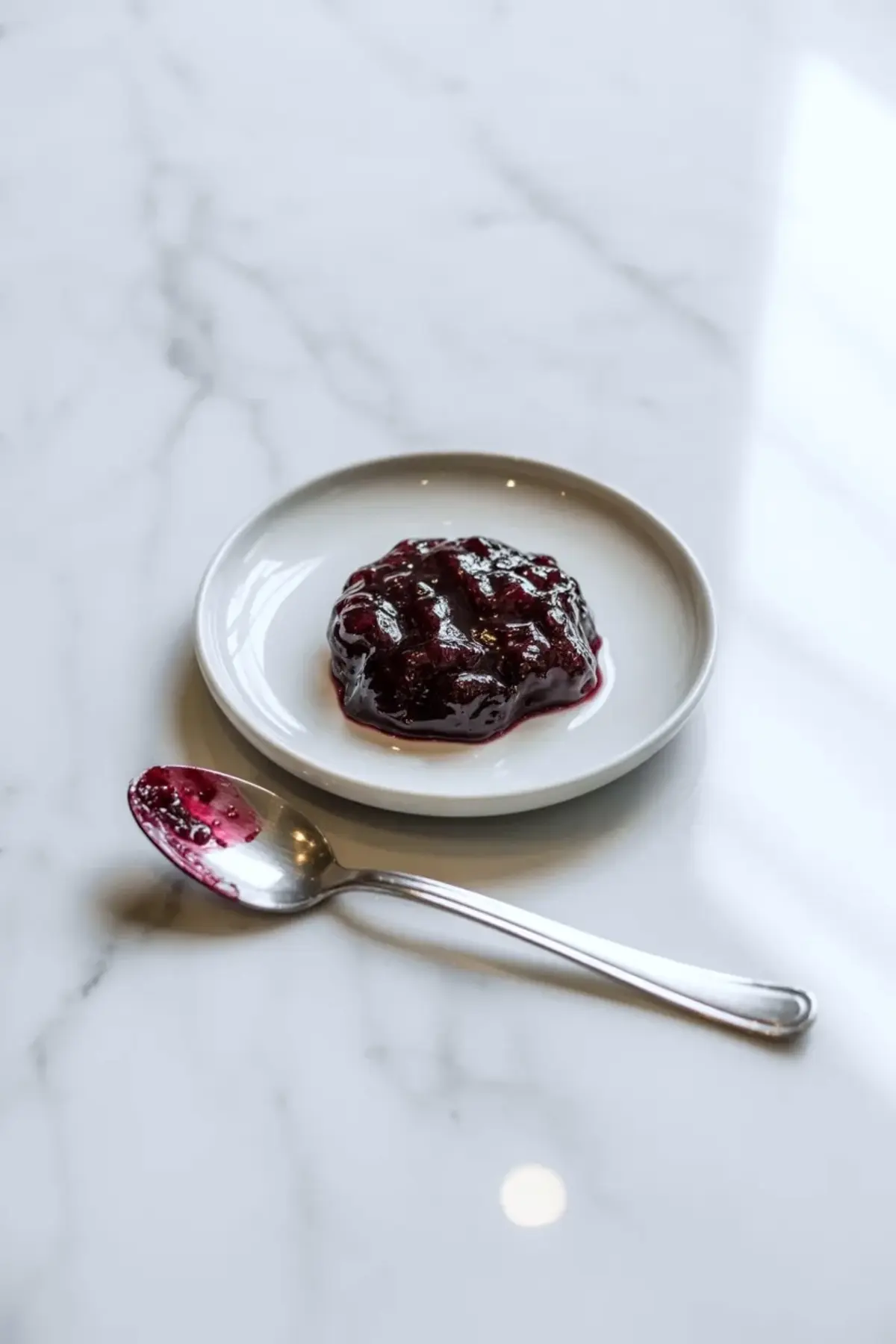 Mulberry jam ingredients sit on a marble surface with fresh mulberries, sugar, lemon juice, and measured ingredients ready for a homemade fruit preserve.