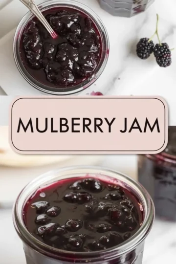 Mulberry jam recipe collage shows a jar of dark homemade mulberry jam, a jam-coated spoon, and rich berry preserves with a thick glossy texture.