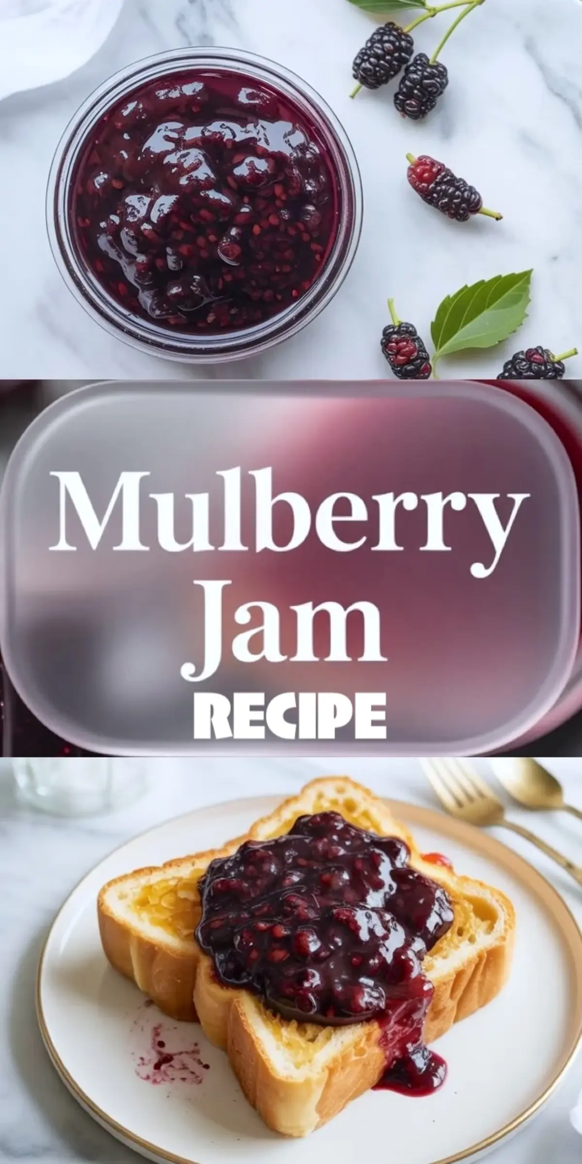 Mulberry jam recipe collage shows deep purple mulberry preserves in jars with thick berry texture and a spoon coated in glossy homemade fruit jam.