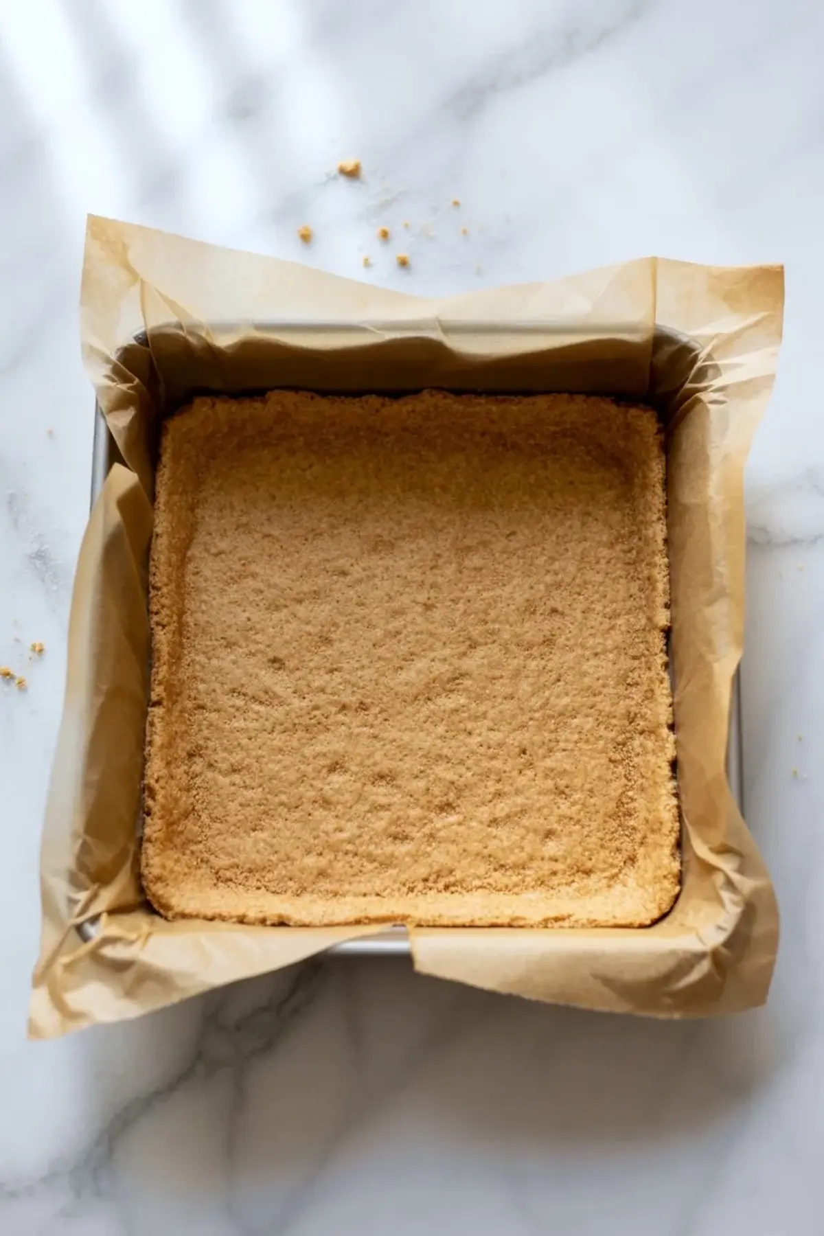 Graham cracker crust pressed into a lined square pan for no-bake key lime pie bars on a white marble surface.