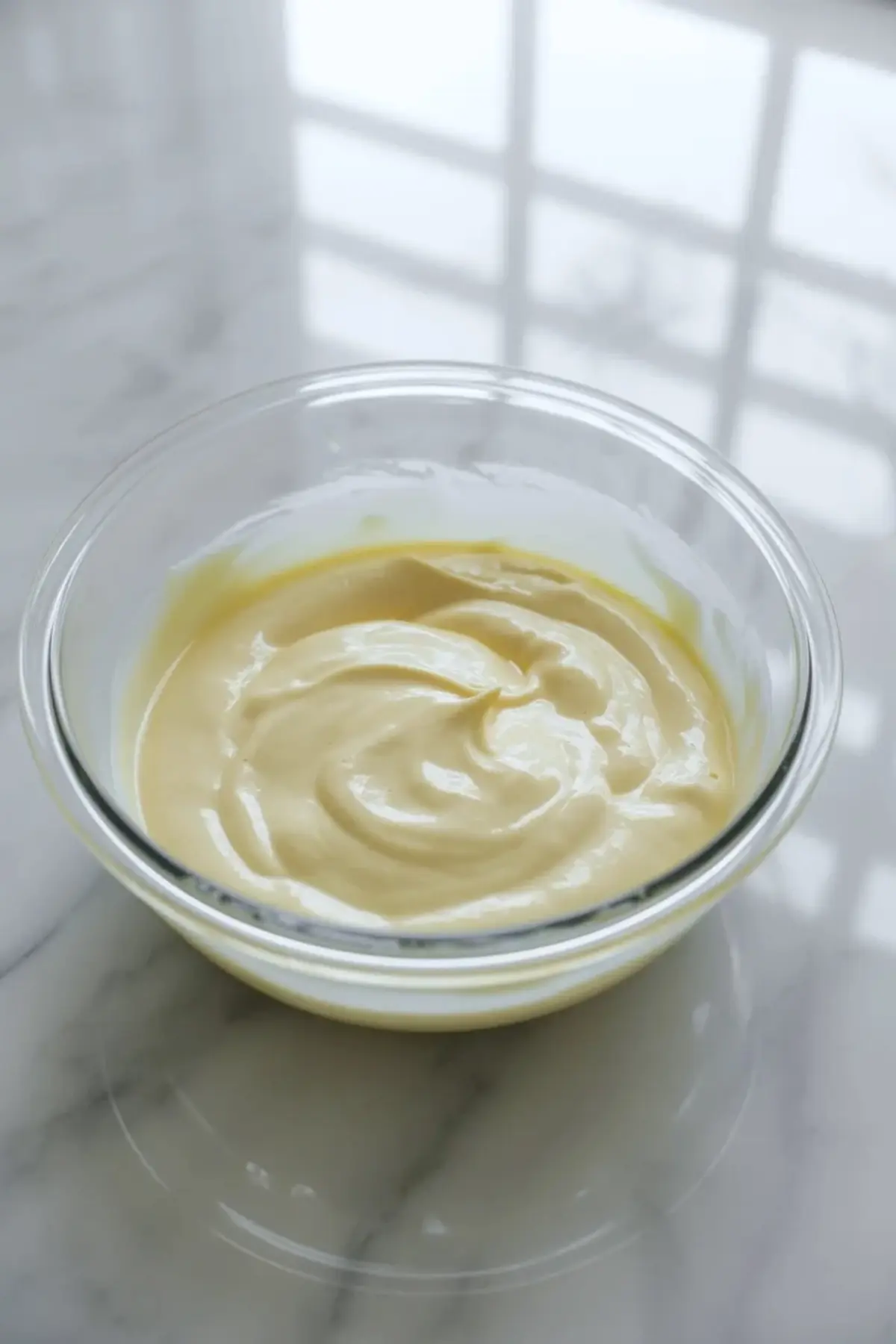 Smooth pale key lime filling in a glass bowl for no-bake key lime pie bars before it is spread over the crust.