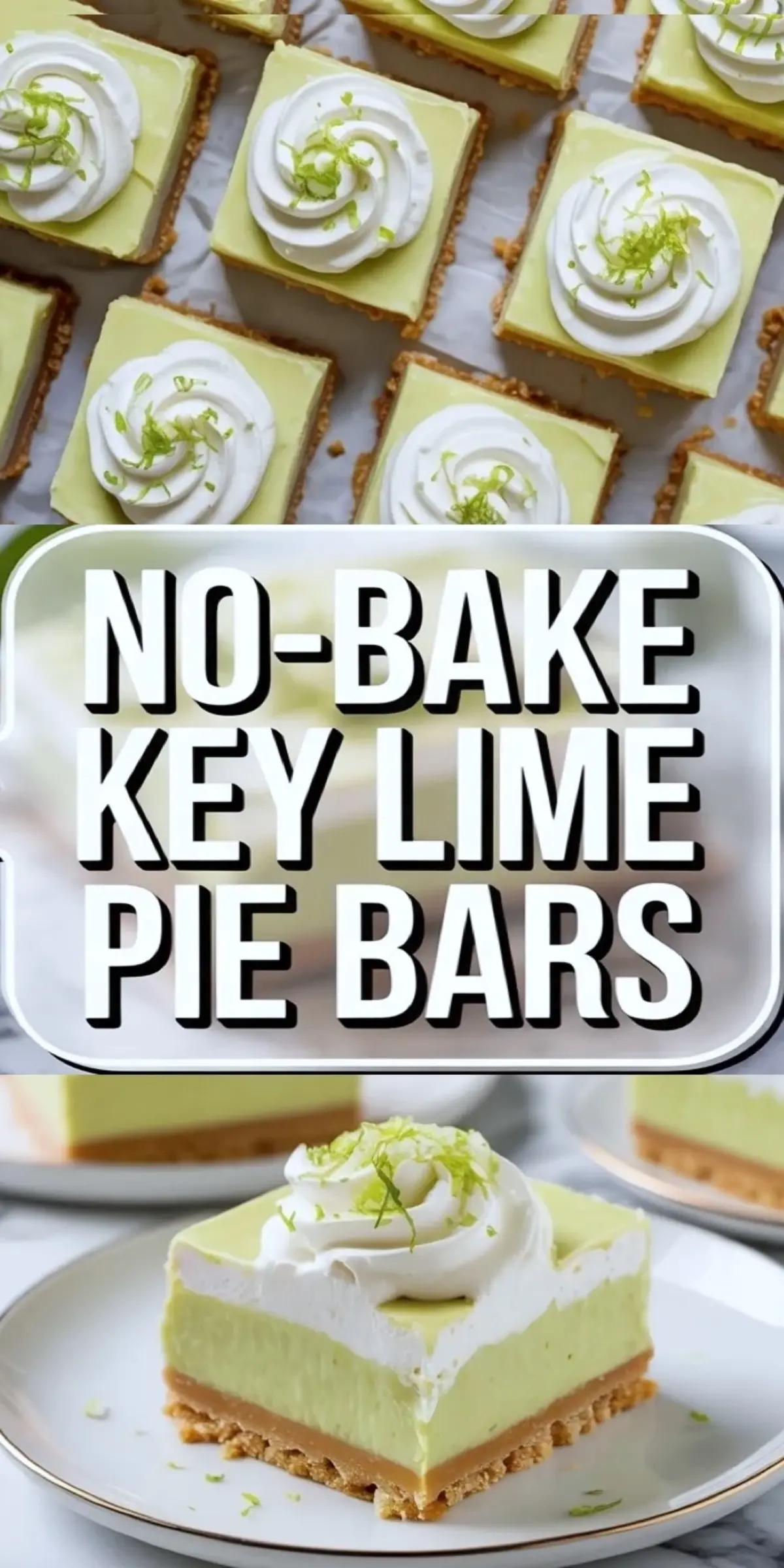 Tall collage of no-bake key lime pie bars with overhead squares and plated slice framed around the recipe title text.