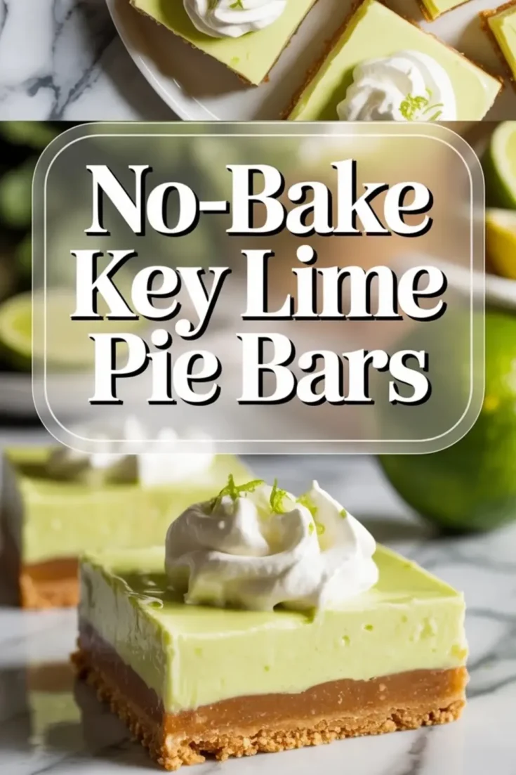No-bake key lime pie bar topped with whipped cream and lime zest, with text overlay and finished bars visible above on a white marble background.