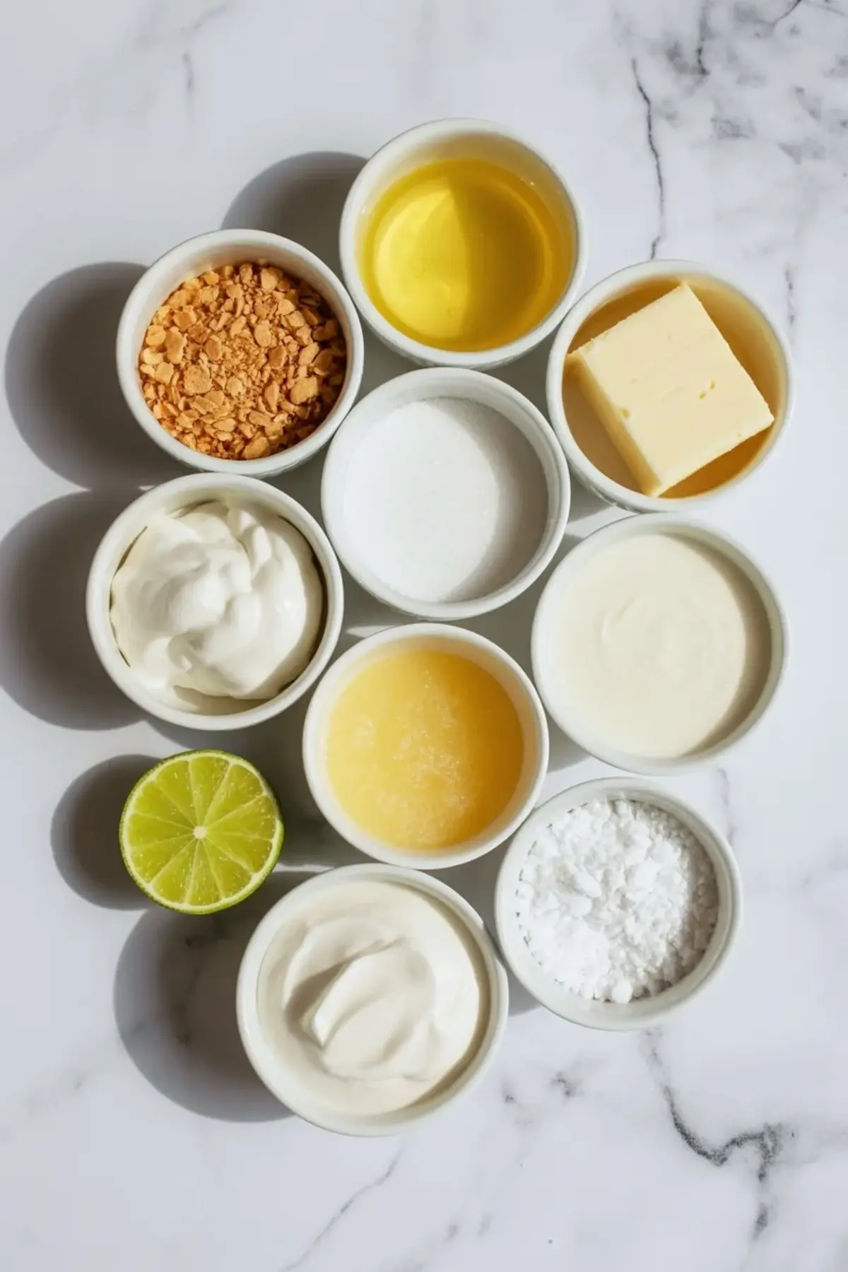 Ingredients for no-bake key lime pie bars arranged in white bowls, including graham crumbs, butter, lime, cream cheese, powdered sugar, and creamy filling ingredients.