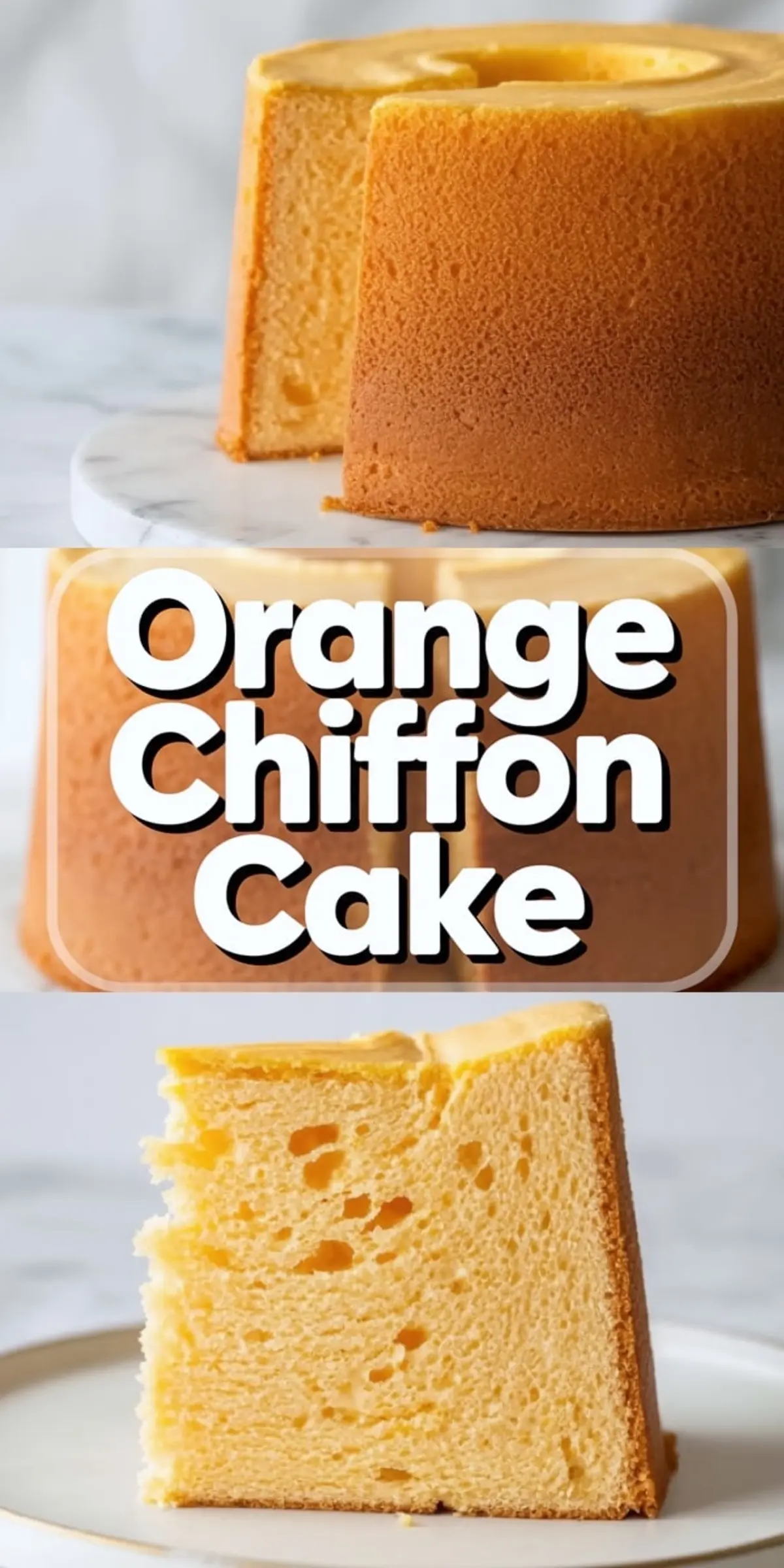 Orange chiffon cake collage with the baked cake on a stand and a close slice showing the tender citrus crumb.