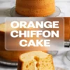 Whole orange chiffon cake cooling upright on a wire rack with a tall golden crust and airy crumb.