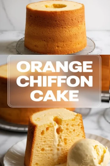 Whole orange chiffon cake cooling upright on a wire rack with a tall golden crust and airy crumb.