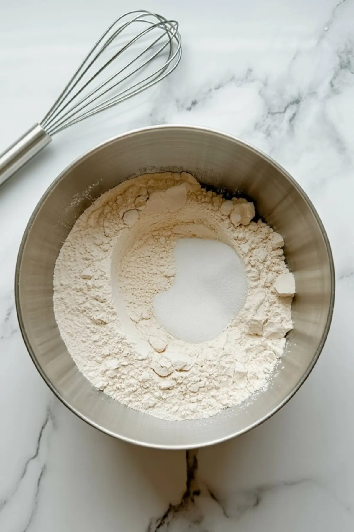 Cake flour and sugar sit in a mixing bowl beside a whisk at the start of making orange chiffon cake batter.