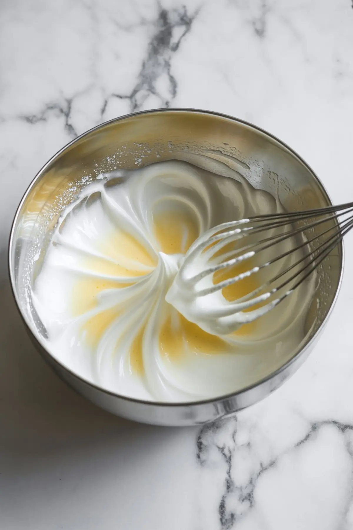 Whipped egg whites form glossy peaks in a mixing bowl for orange chiffon cake meringue.