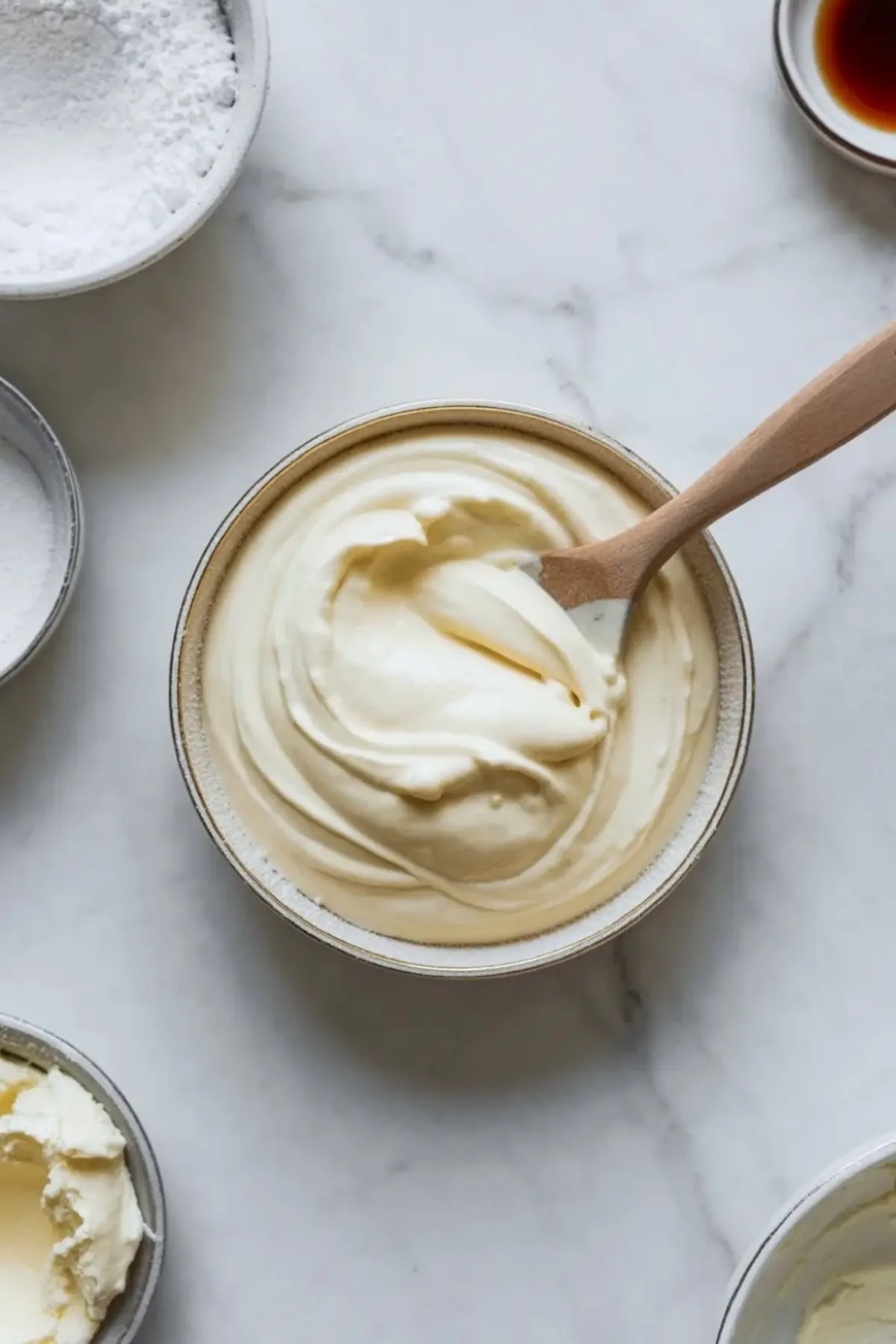 Bowl holds smooth cheesecake batter while a wooden spoon stirs the creamy mixture, with small bowls of sugar, vanilla extract, and cream cheese nearby on a marble surface.
