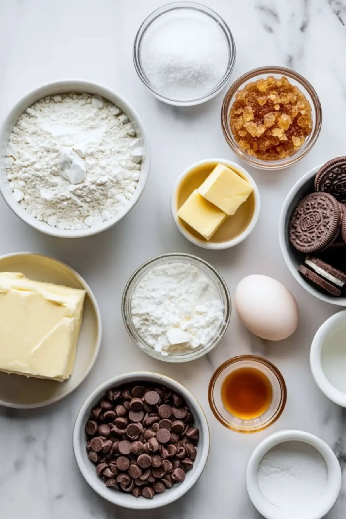 Flat lay shows baking ingredients for Oreo cheesecake cookies including flour, butter, egg, chocolate chips, vanilla extract, crushed cookies, and sugar arranged in small bowls on white marble.
