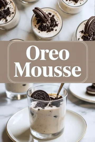 Easy Oreo mousse served in a glass dessert cup with Oreo cookie garnish, showing the creamy no bake cookies and cream dessert ready to serve.