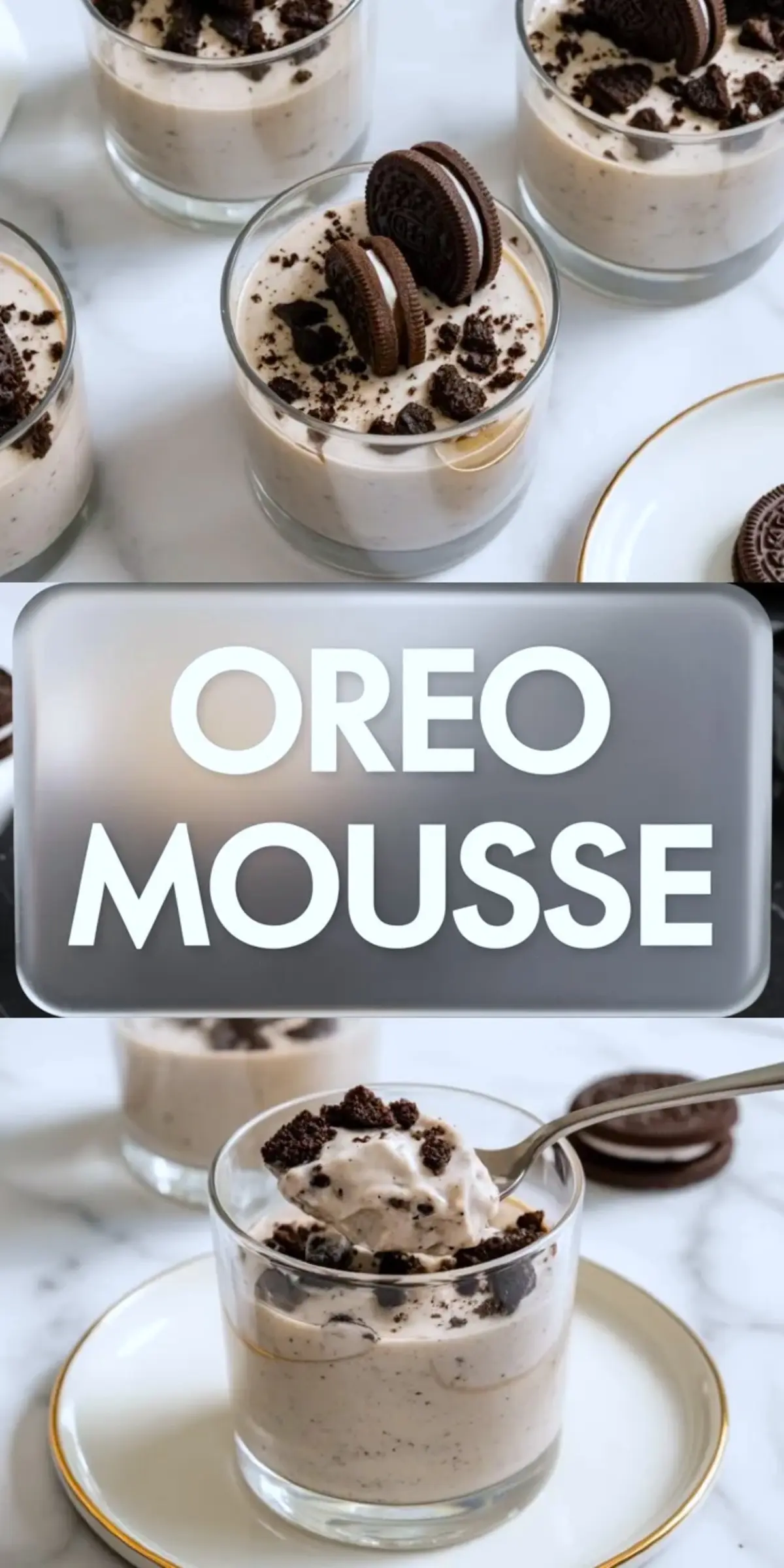 Collage of Oreo mousse cups and a spoon lifting cookies and cream mousse from a dessert glass.