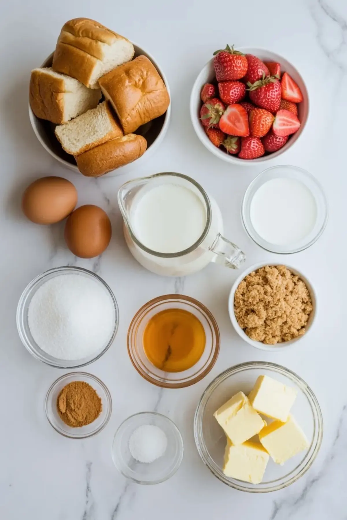 Ingredients for strawberry French toast casserole arranged with bread, fresh strawberries, eggs, milk, sugar, cinnamon, and butter.