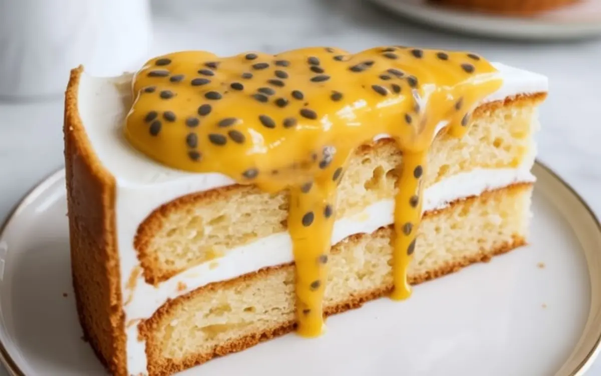 Passion fruit curd is spooned over a slice of white cake, showing how this tropical curd works as a cake filling and dessert topping.