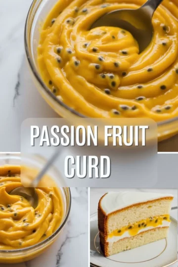 Passion fruit curd recipe collage shows silky passion fruit curd in a bowl and passion fruit curd spooned over a slice of cake as a tropical filling and topping.