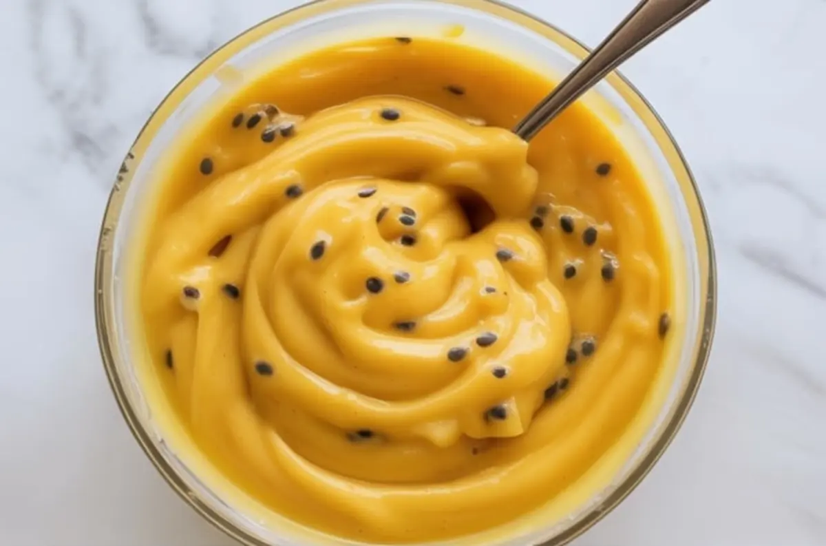 Passion fruit curd sits in a bowl with a spoon, showing the silky glossy texture and black passion fruit seeds in this homemade tropical filling.