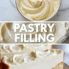 Collage shows creamy vanilla pastry filling swirled in a glass bowl, bold pastry filling text overlay, and thick custard cream layered over soft sponge cake slice on a white plate.