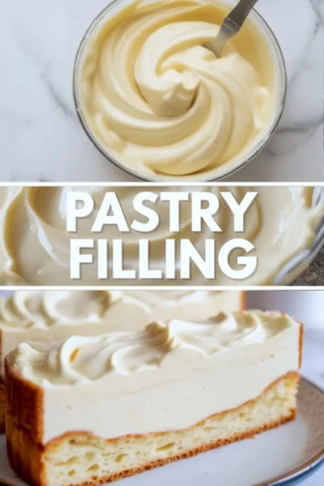 Collage shows creamy vanilla pastry filling swirled in a glass bowl, bold pastry filling text overlay, and thick custard cream layered over soft sponge cake slice on a white plate.