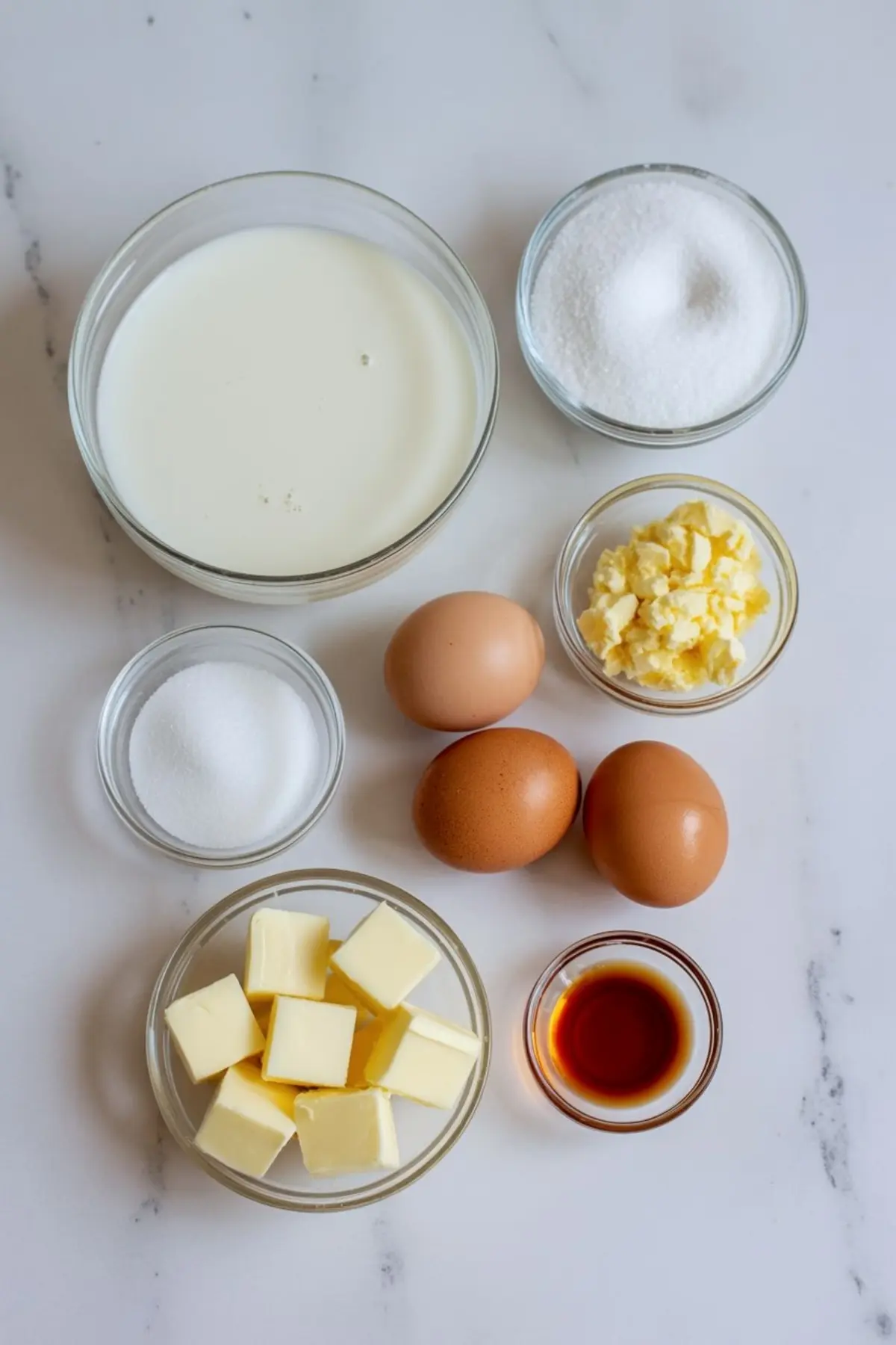 Baking ingredients for vanilla pastry cream arranged on marble surface with milk, eggs, butter cubes, sugar, vanilla extract, and small bowls prepared for homemade custard filling recipe.
