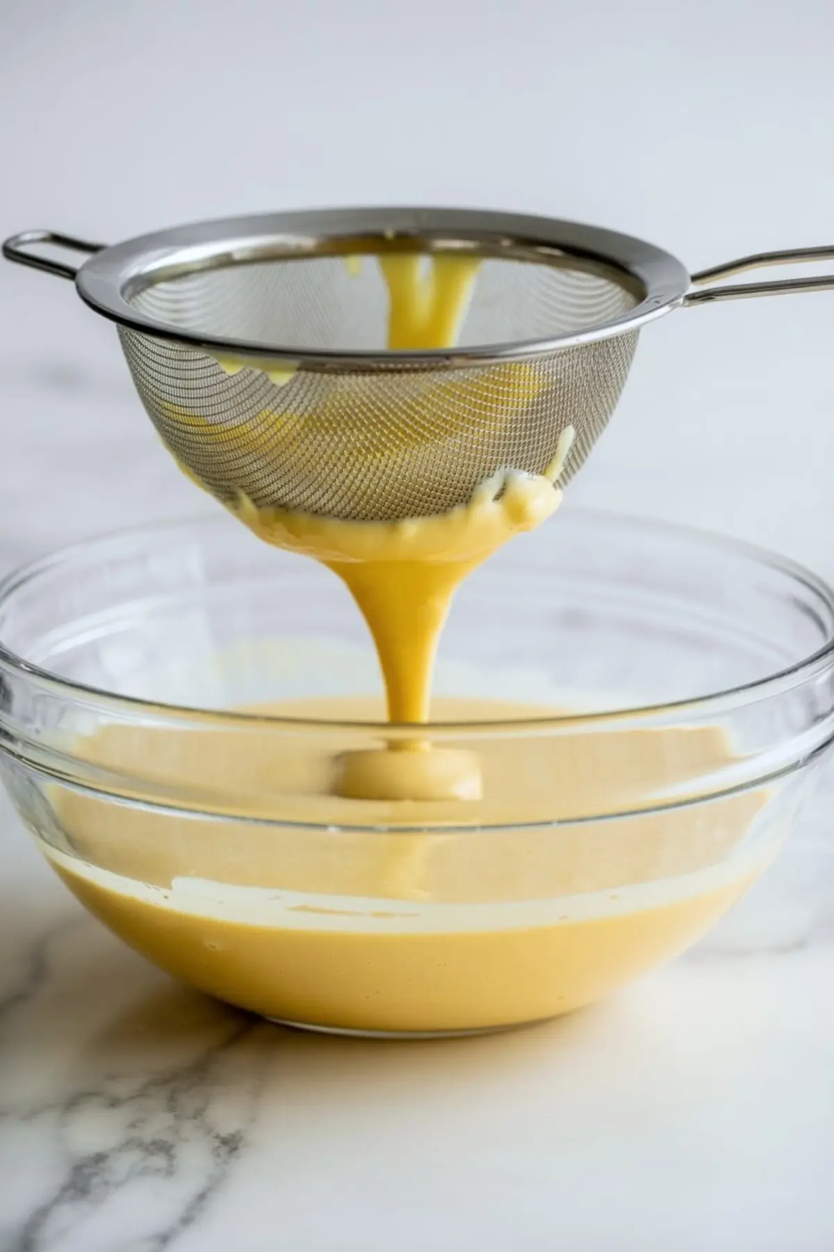 Fine mesh strainer pours thick vanilla custard into clear glass bowl to create smooth lump free pastry cream for cake filling and dessert recipes.
