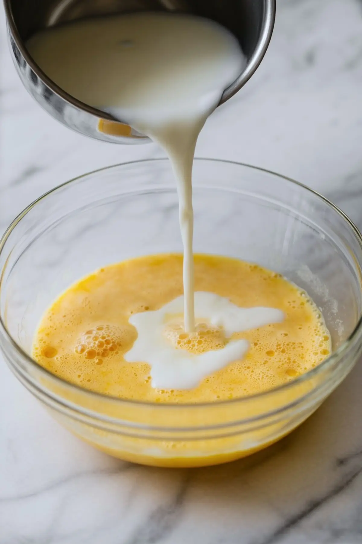Warm milk pours into beaten eggs in glass bowl to start classic vanilla custard base for homemade pastry cream filling.
