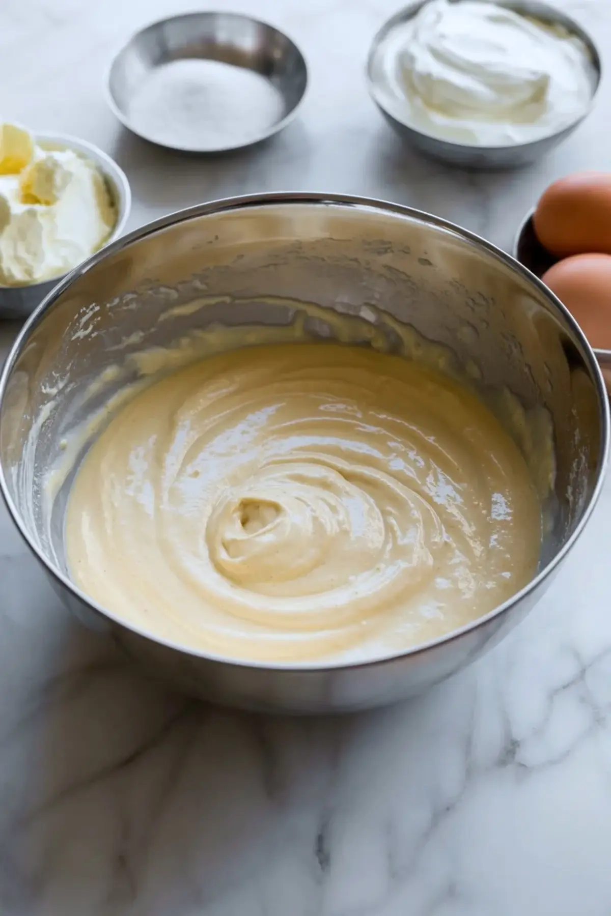 Creamy cheesecake batter in a metal mixing bowl with eggs, sour cream, and cream cheese nearby for peach bourbon cobbler cheesecake.