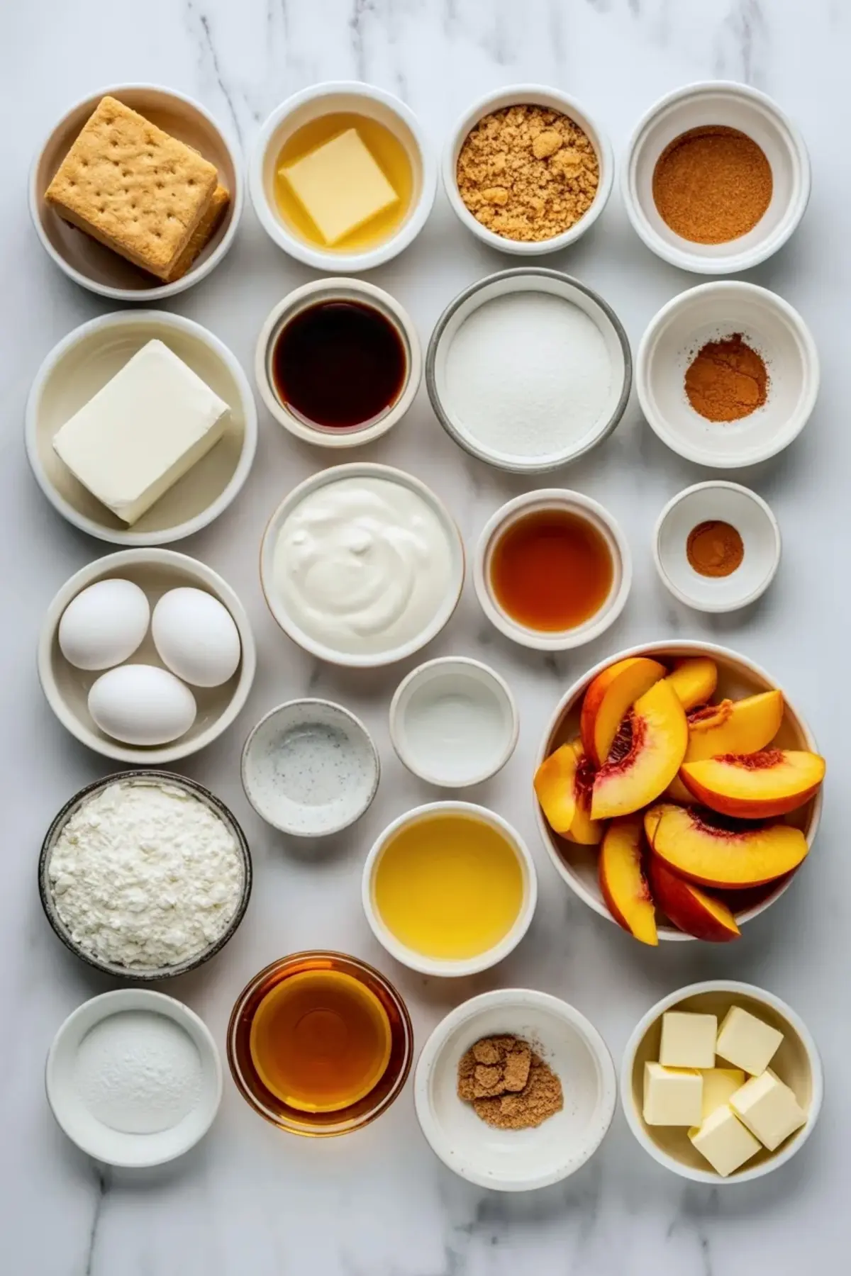 Measured ingredients for peach bourbon cobbler cheesecake arranged on white marble, including peaches, cream cheese, eggs, sugar, butter, and bourbon.