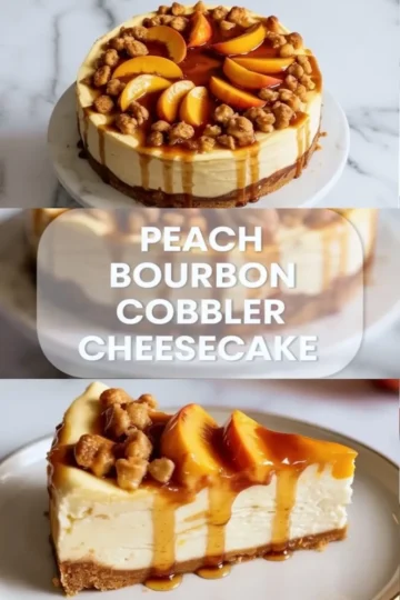 Pinterest graphic for peach bourbon cobbler cheesecake with a whole cheesecake at the top and a caramel topped slice at the bottom.