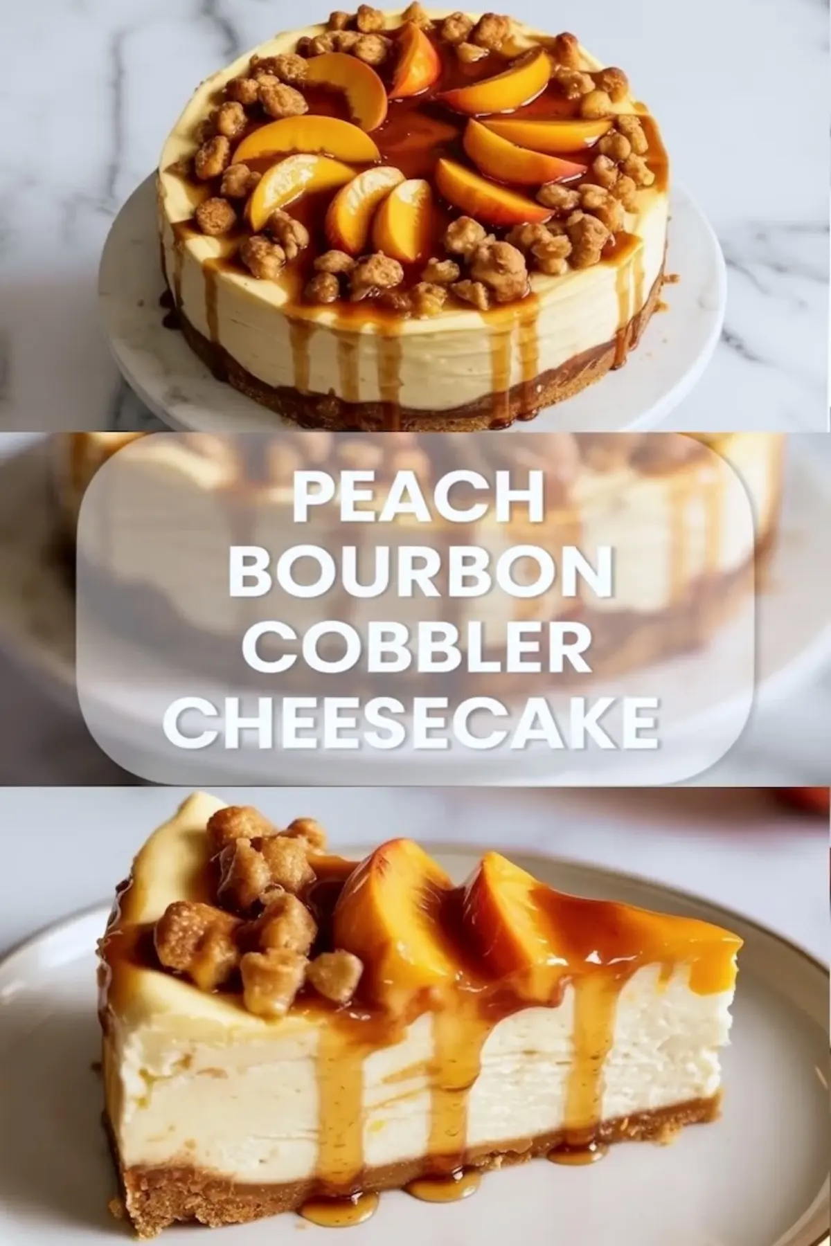 Peach Bourbon Cobbler Cheesecake with Creamy Filling and Crumble Topping