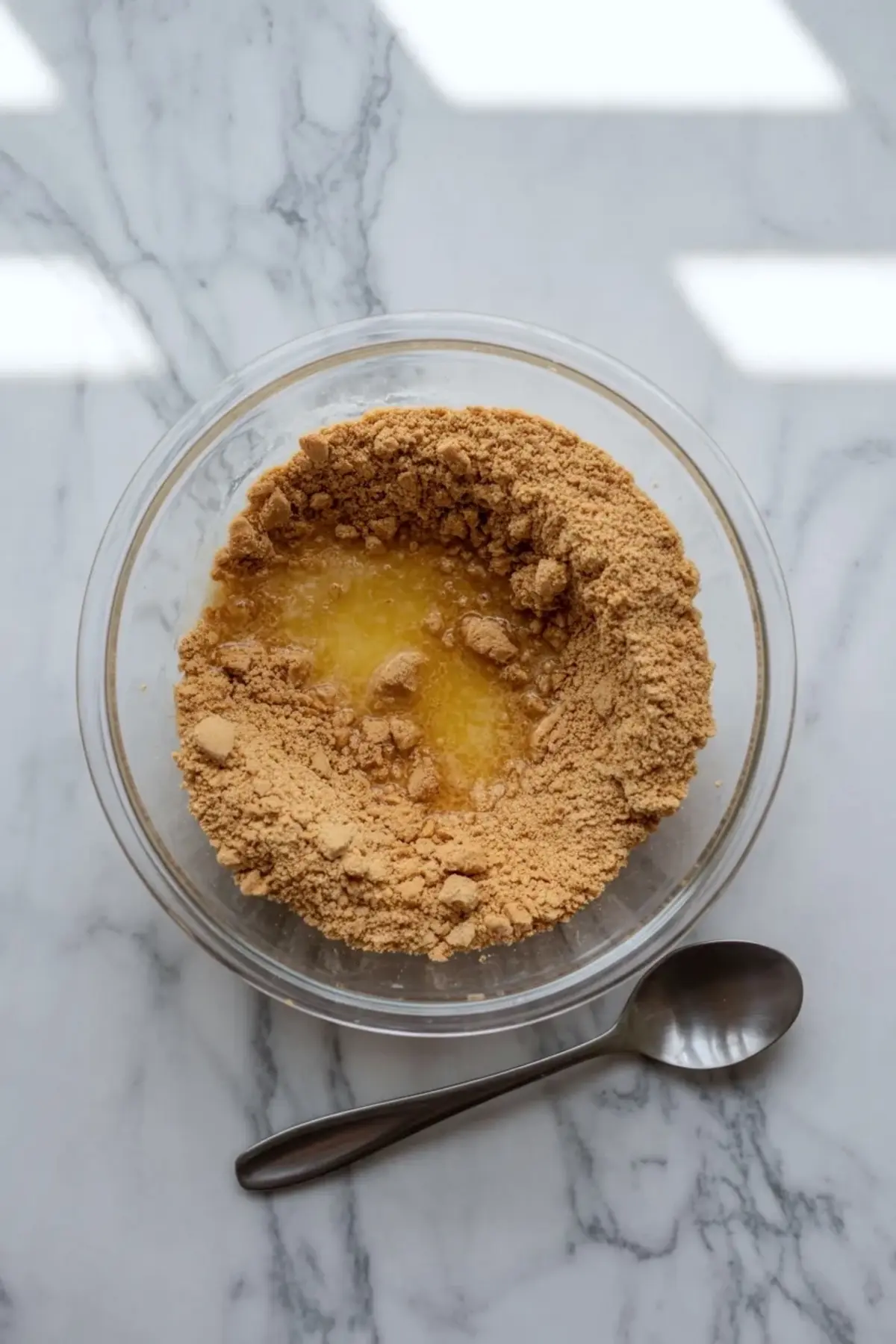 Smooth no bake cheesecake filling swirled in a glass bowl for peach cheesecake cups on a white marble counter.