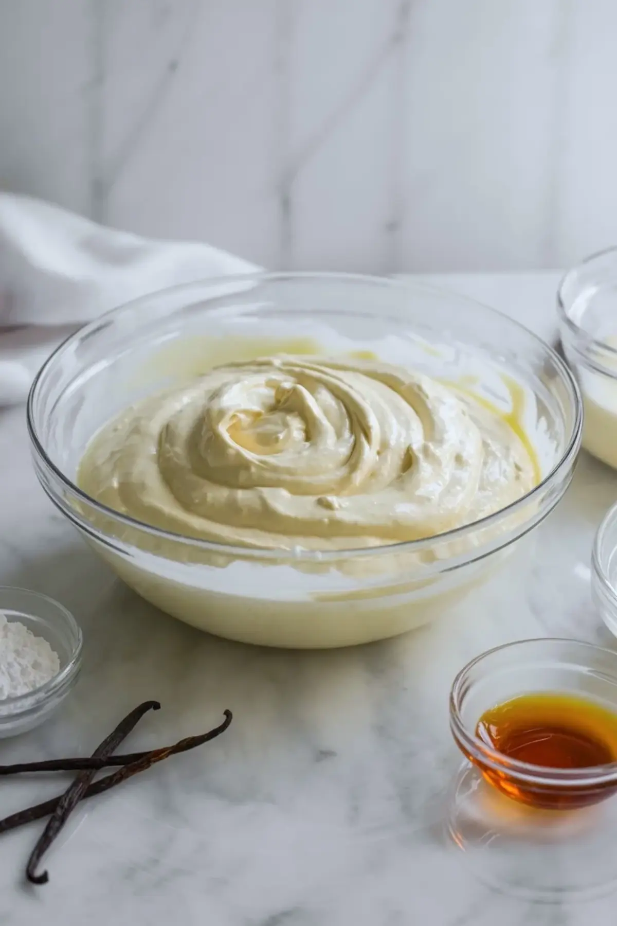 Several peach cheesecake cups in clear glasses topped with fresh peach slices on a white marble surface.