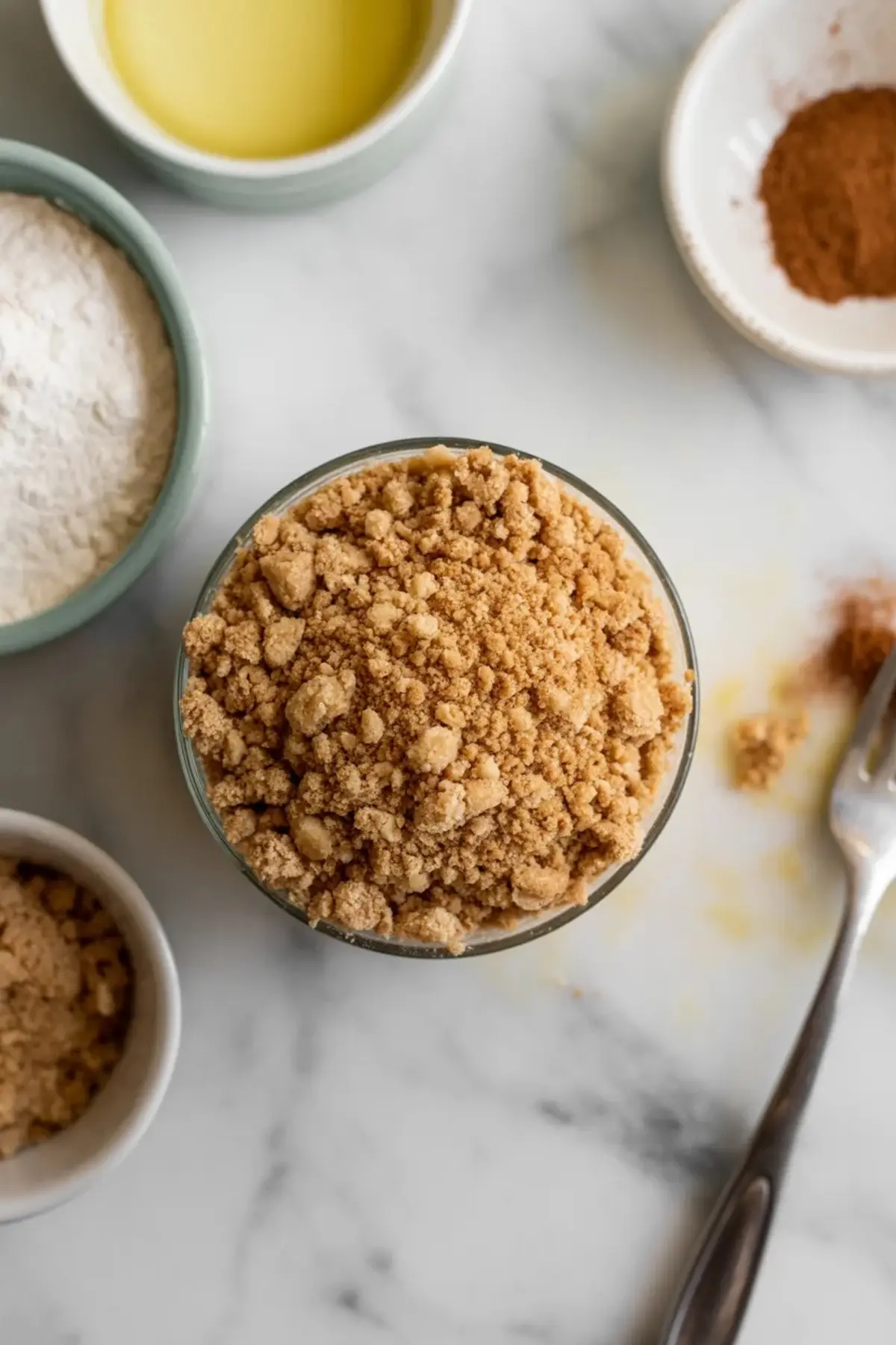 Cinnamon streusel topping sits in a bowl with flour, melted butter, and cinnamon nearby for this peach coffee cake recipe with crumb topping.