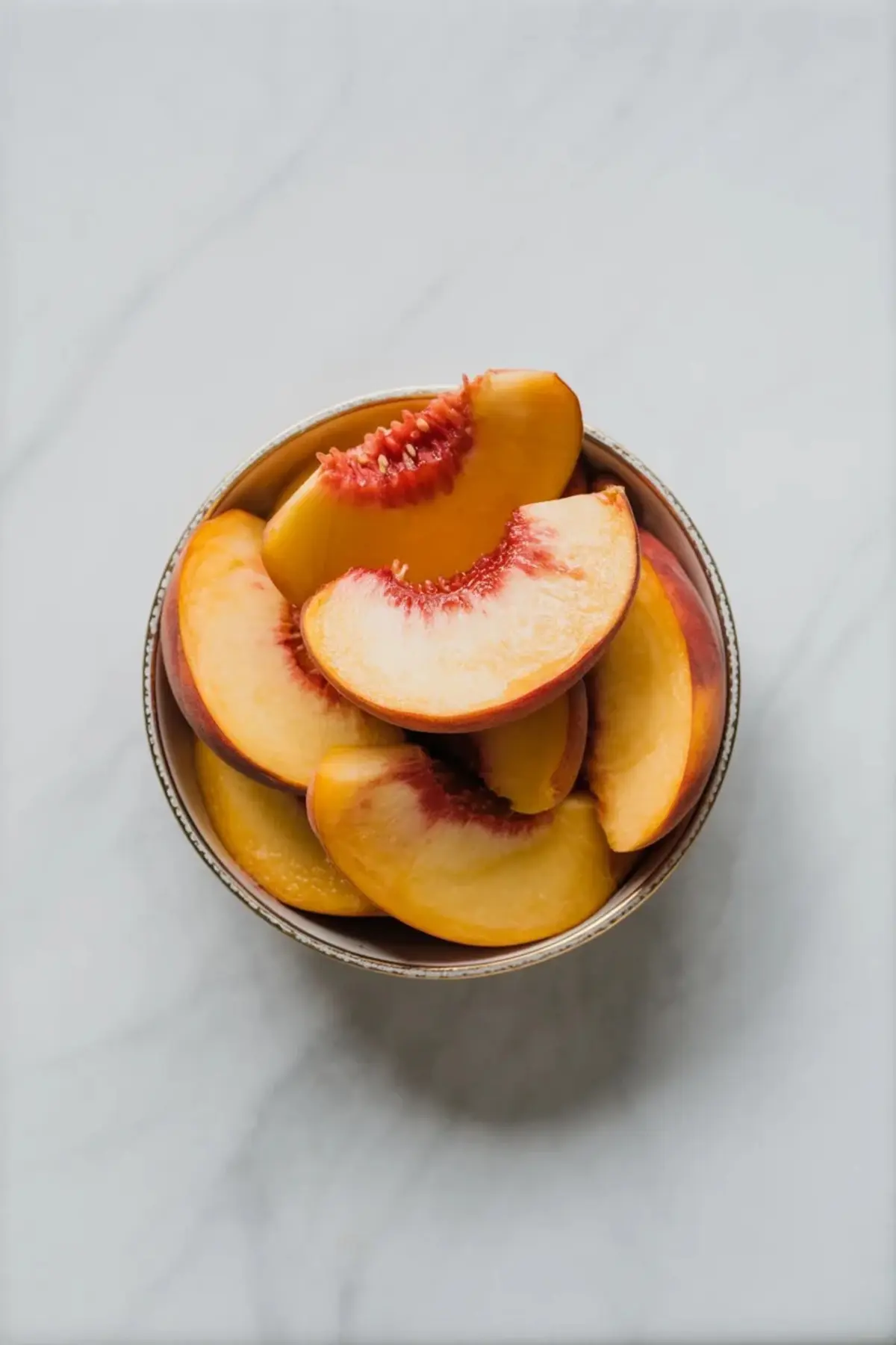Fresh sliced peaches sit in a bowl ready for peach coffee cake with cinnamon streusel and a soft fruit-filled crumb.