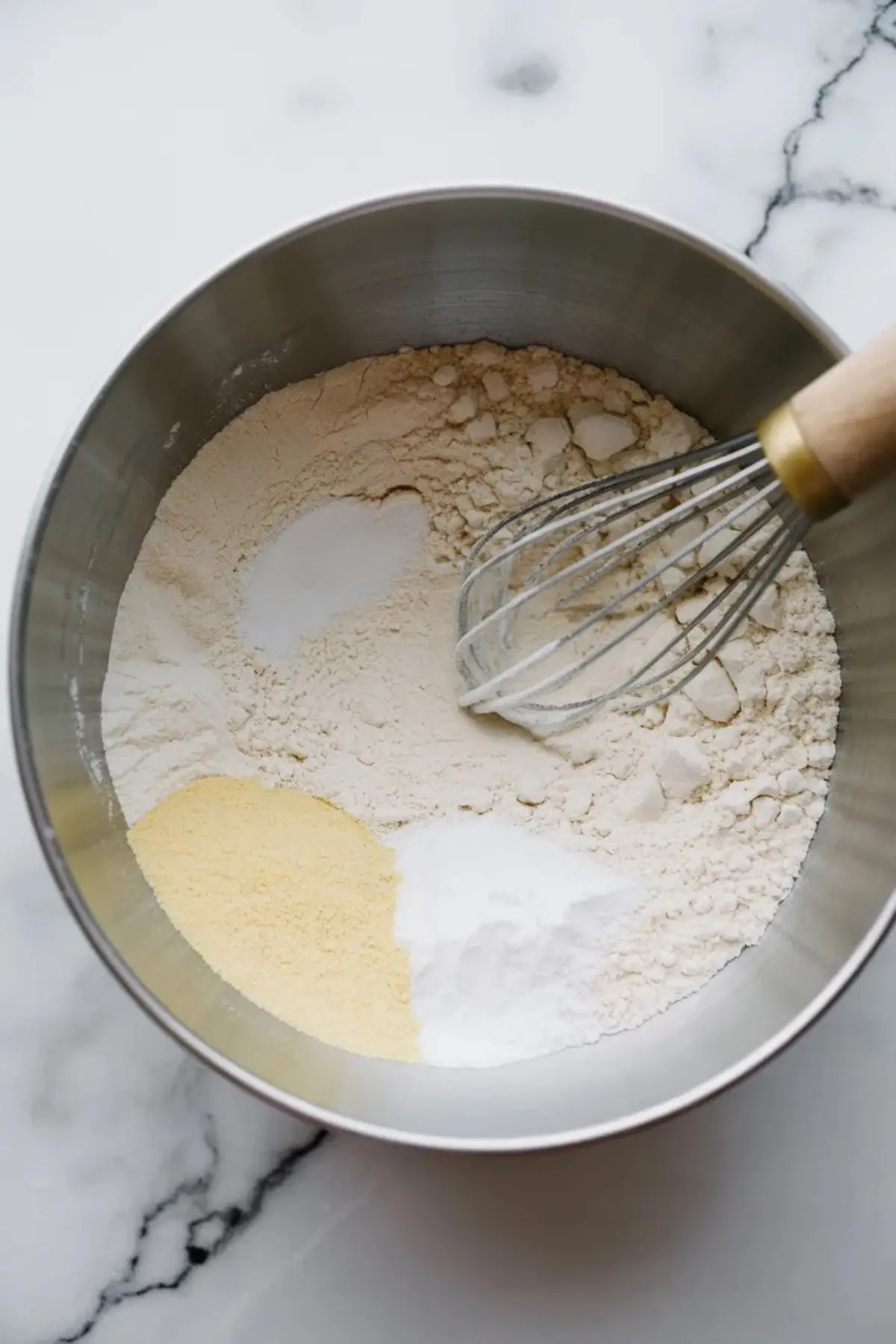 Flour, sugar, and dry ingredients sit in a mixing bowl with a whisk for peach coffee cake with cinnamon streusel and crumb topping.
