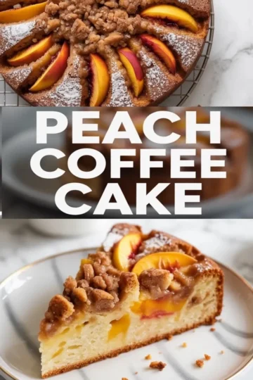 Peach coffee cake collage shows the full cinnamon streusel cake and a close slice with fresh peaches and tender crumb for a brunch cake recipe.