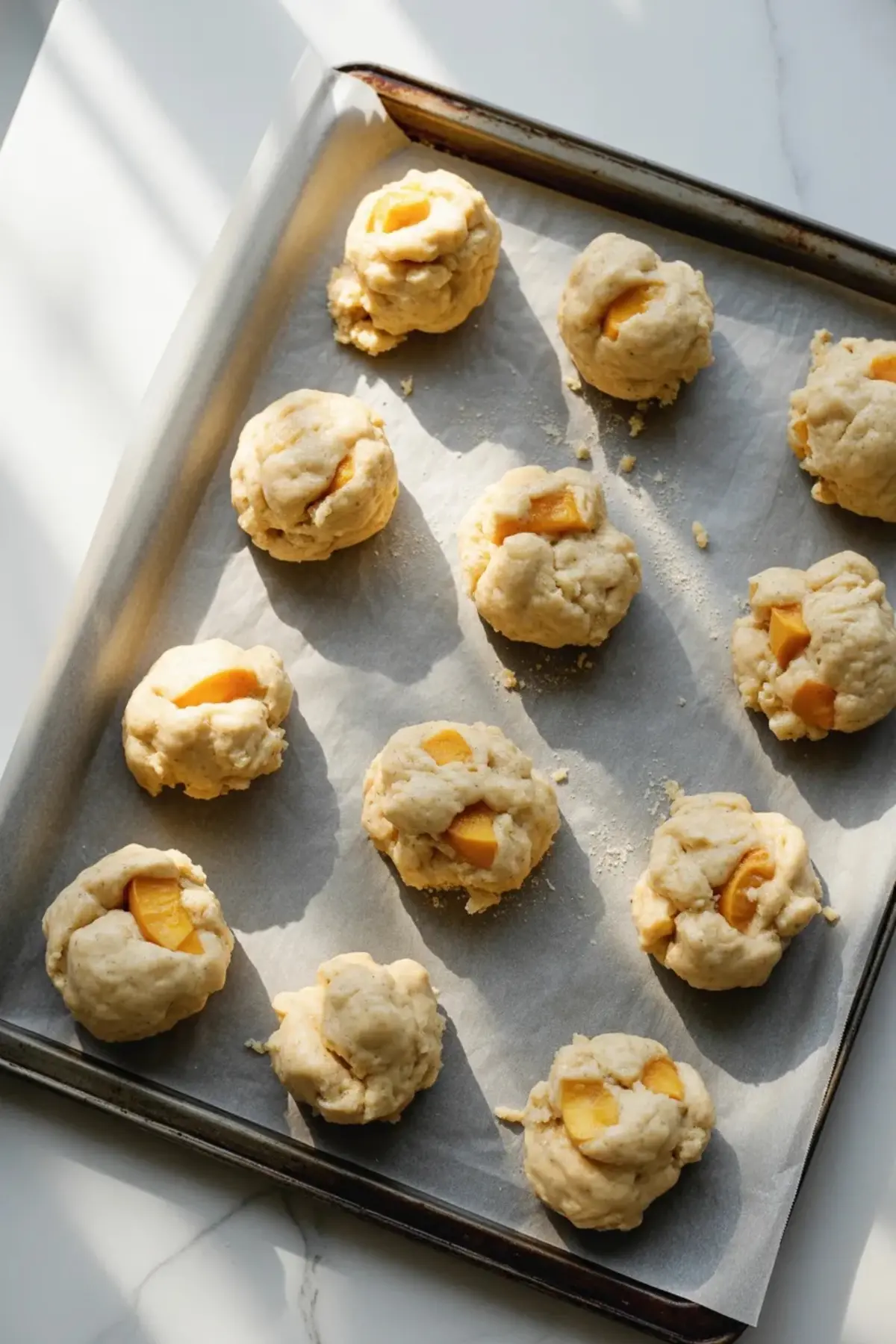 Unbaked peach and thyme cornbread cookies sit on a parchment lined sheet pan with peach pieces pressed into the tops.