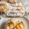 Peach and thyme cornbread cookies with white glaze, peach slices, and thyme are shown on a cooling rack and split open on a plate.