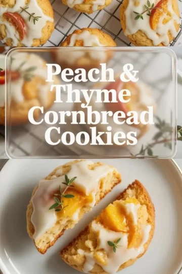 Peach and thyme cornbread cookies with white glaze, peach slices, and thyme are shown on a cooling rack and split open on a plate.