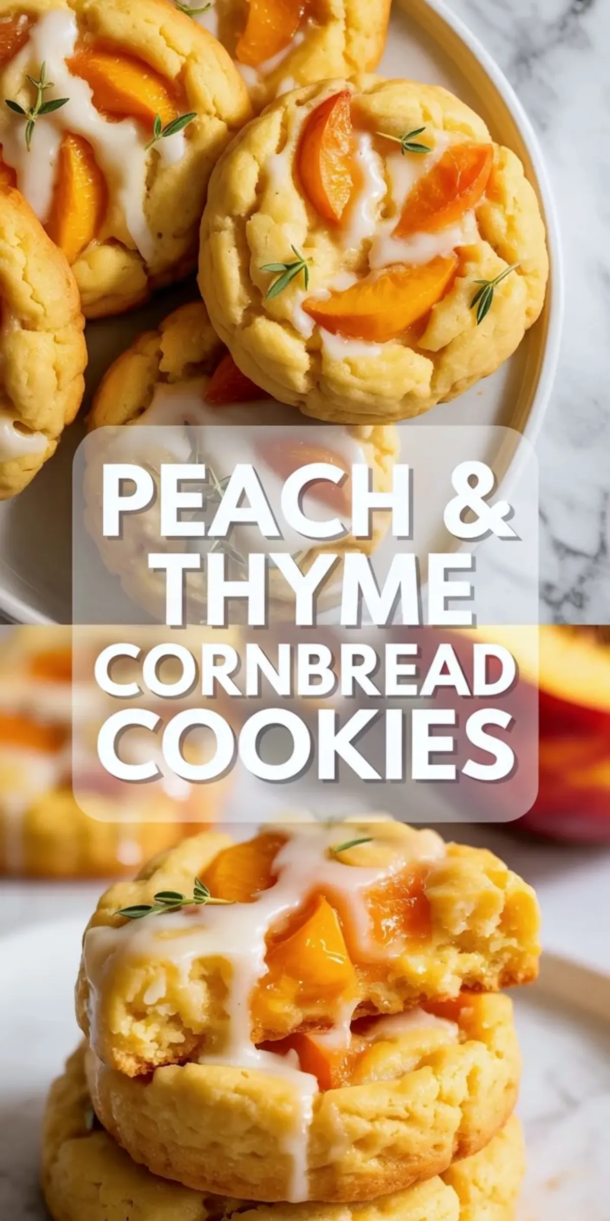 Collage of peach and thyme cornbread cookies showing a glazed cookie topped with peach slices and a stacked split cookie close up.