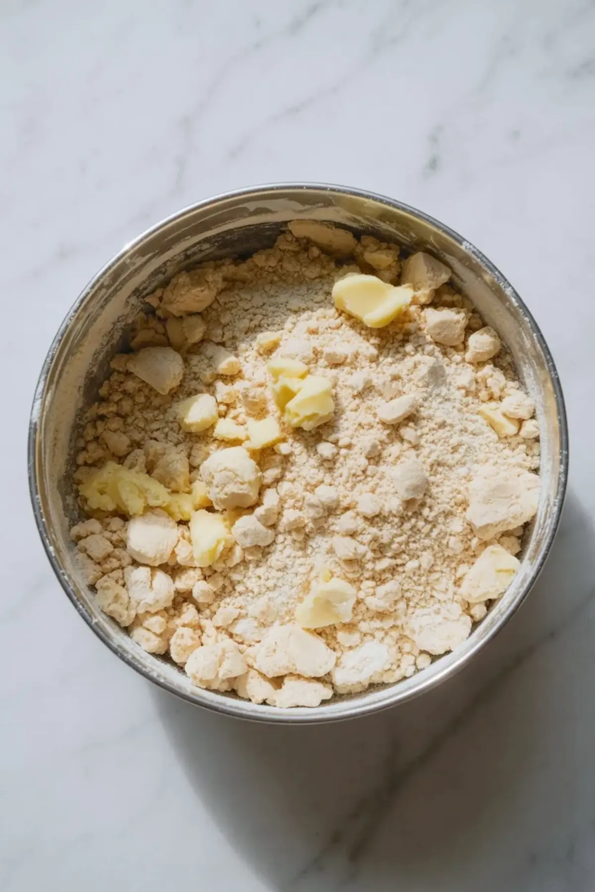 Flour mixture with butter pieces in a metal bowl for the crumble layer of honey-glazed peach crumble bars.