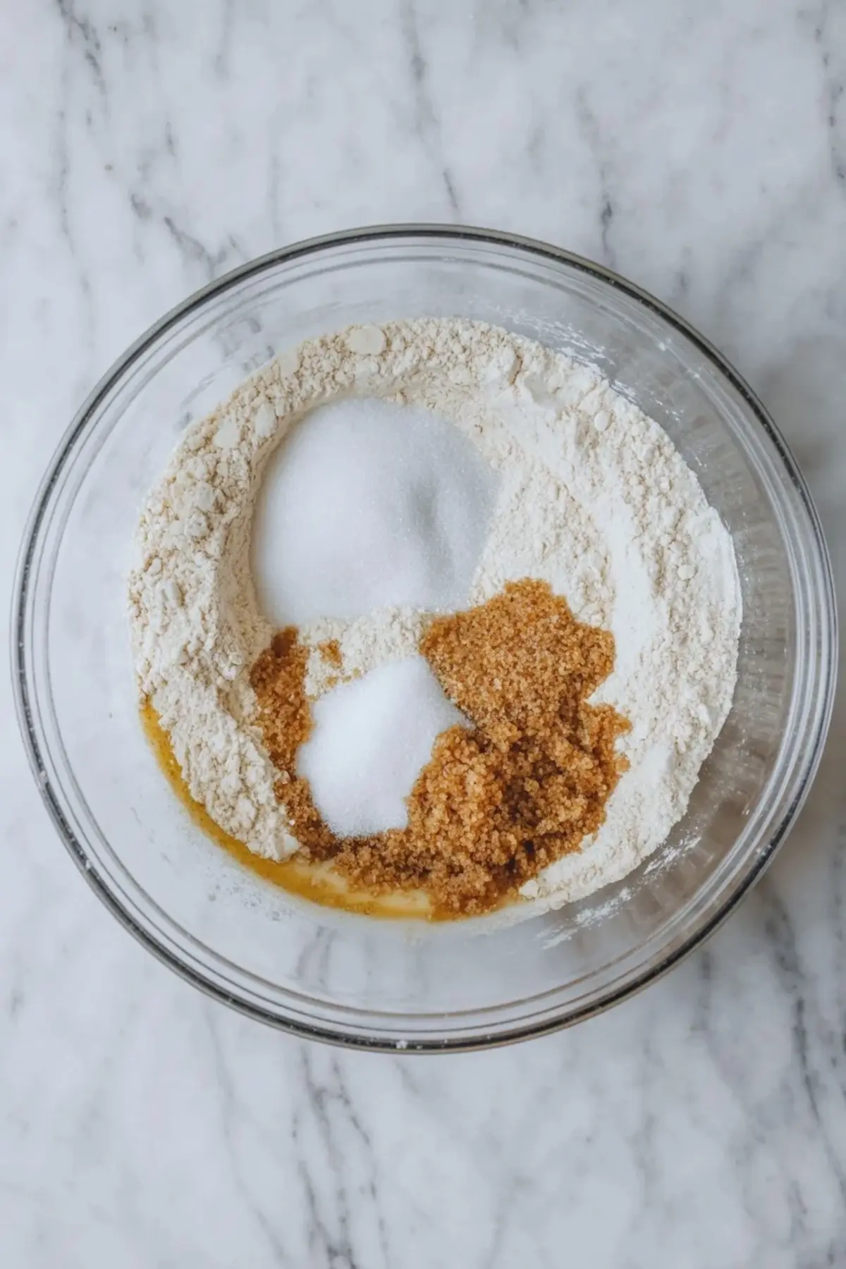 Flour, brown sugar, and white sugar mixed in a glass bowl for honey-glazed peach crumble bars.