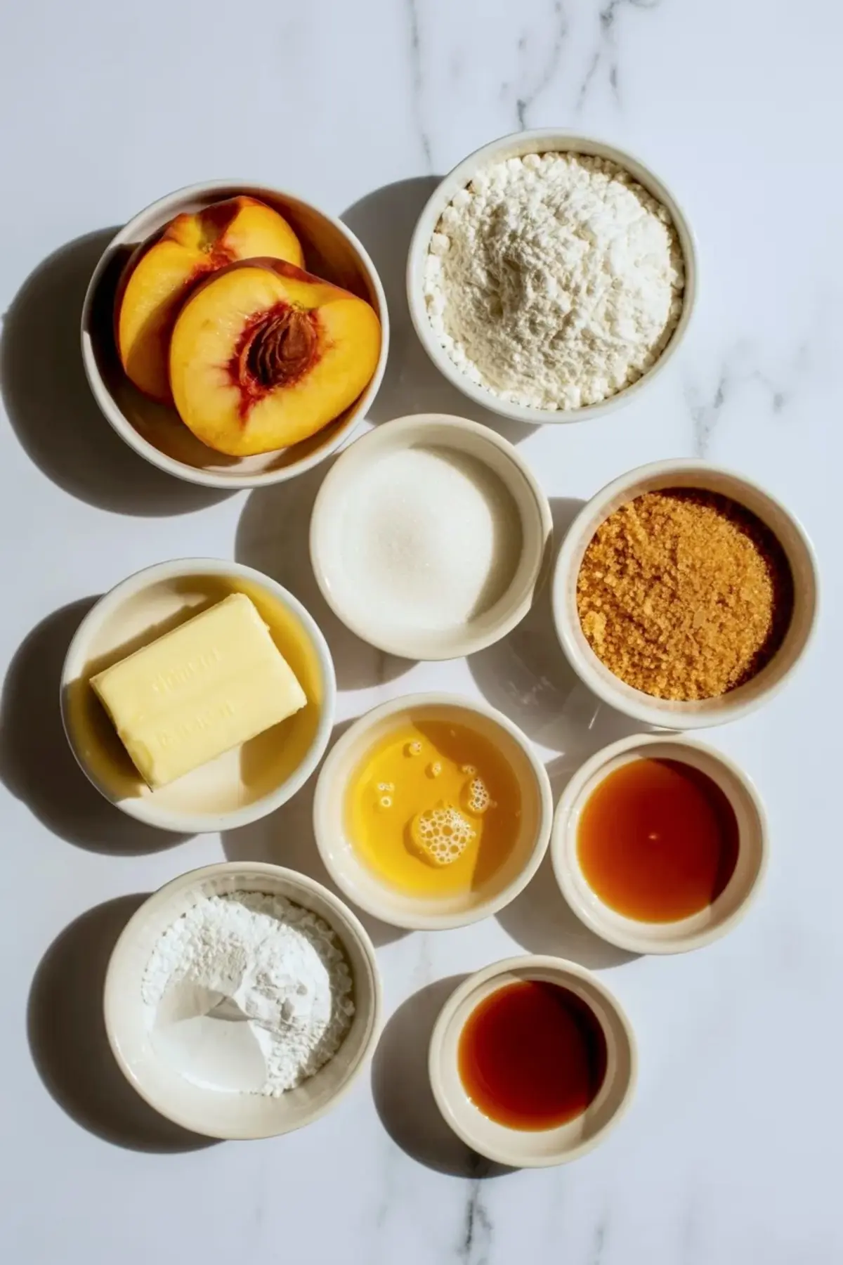 Ingredients for honey-glazed peach crumble bars arranged on white marble with peaches, butter, flour, sugars, honey, and vanilla.