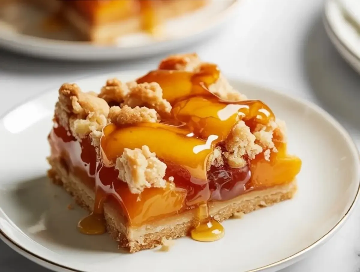 Single honey-glazed peach crumble bar on a white plate showing the buttery base, soft peach layer, crumb topping, and glossy honey glaze.