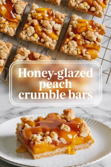 Honey-glazed peach crumble bar on a plate with glossy peach topping and crumb finish, shown from above on white marble.