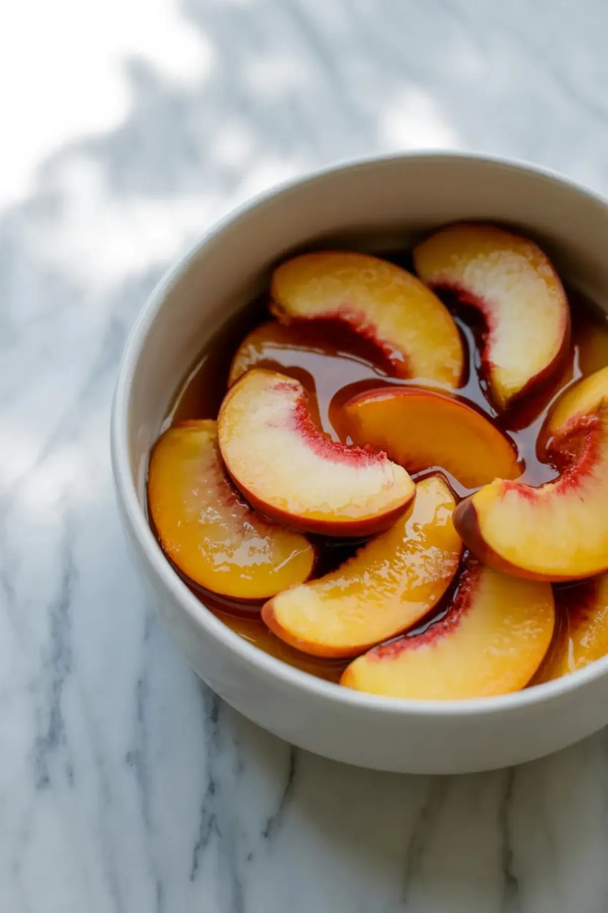 Fresh sliced peaches in a white bowl with honey glaze for honey-glazed peach crumble bars.