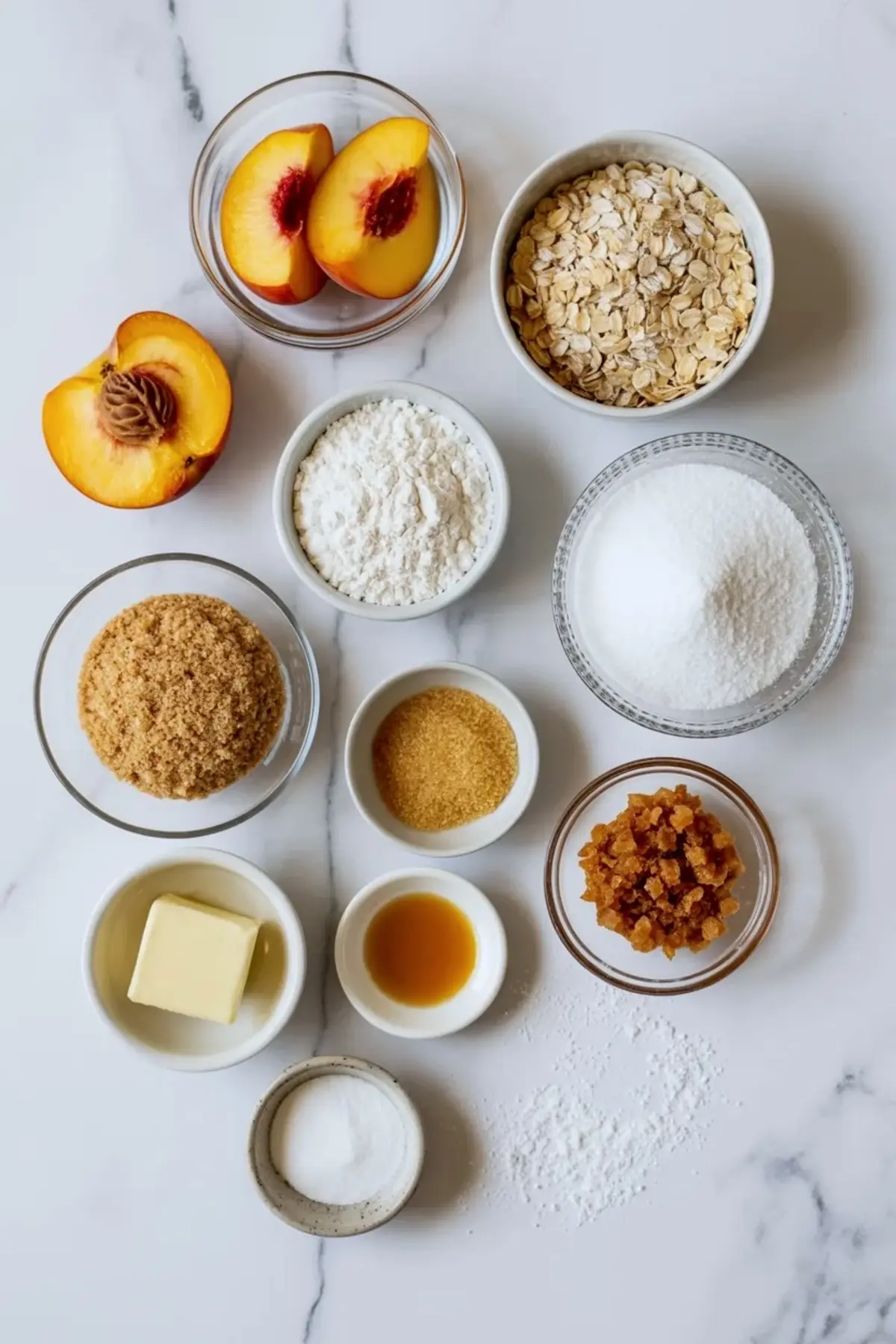 Ingredients for peach oat bars with vanilla glaze arranged on white marble with peaches, oats, flour, sugars, butter, vanilla, and salt.