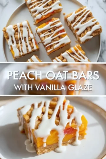 Collage of peach oat bars with vanilla glaze showing sliced bars on a plate at the top and a close plated square at the bottom with a title band in the middle.